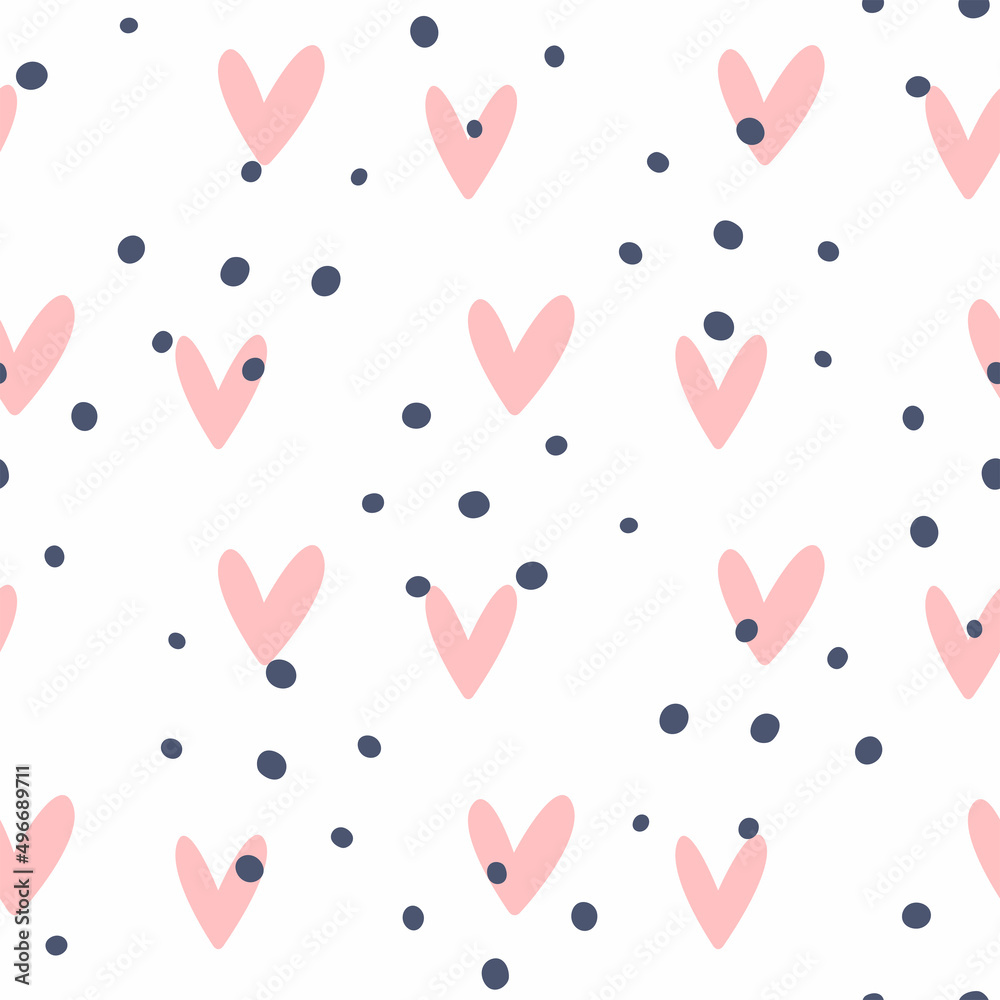 Simple seamless pattern with hearts and scattered dots. Cute girly print. Vector illustration.