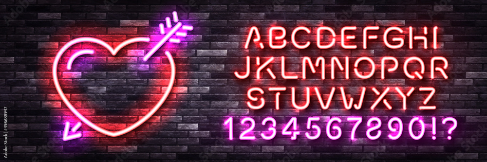 Vector realistic isolated neon sign of Heart logo with easy to change color alphabet font on the wall background. Vector realistic isolated neon sign of Heart logo with easy to change color alphabet font on the wall background.