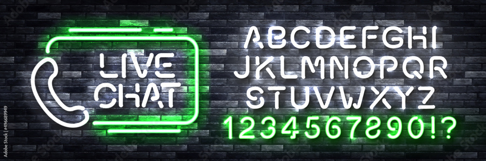 Vector realistic isolated neon sign of Live Chat logo with easy to change color alphabet font on the wall background. Vector realistic isolated neon sign of Live Chat logo with easy to change color alphabet font on the wall background.