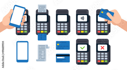 Payment Terminal Vector collection. Credit, Debit card, Receipt, Phone, Hands, POS-terminal in various states on separated layers. Can be animated. Simple flat style. Isolated on white. Template set.