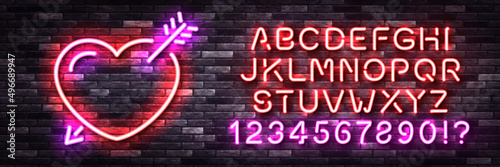 Vector realistic isolated neon sign of Heart logo with easy to change color alphabet font on the wall background.