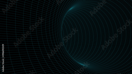 An abstract tunnel with a blue mesh structure. 3D grid of tunnels and corridors. Vector wormhole.