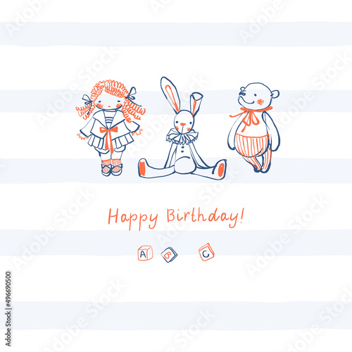 Children's greeting card with hand-drawn toys on the background of blue stripes. Cute style, delicate colors. Stock vector illustration.