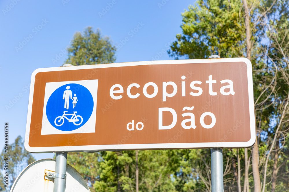 Ecopista do Dão bicycle and pedestrian path sign next to Sabugosa, municipality of Tondela, district of Viseu, province of Beira Alta, Portugal