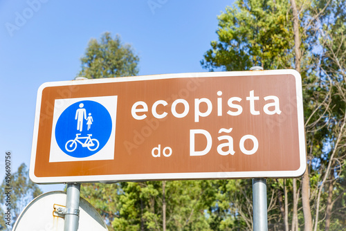 Ecopista do Dão bicycle and pedestrian path sign next to Sabugosa, municipality of Tondela, district of Viseu, province of Beira Alta, Portugal