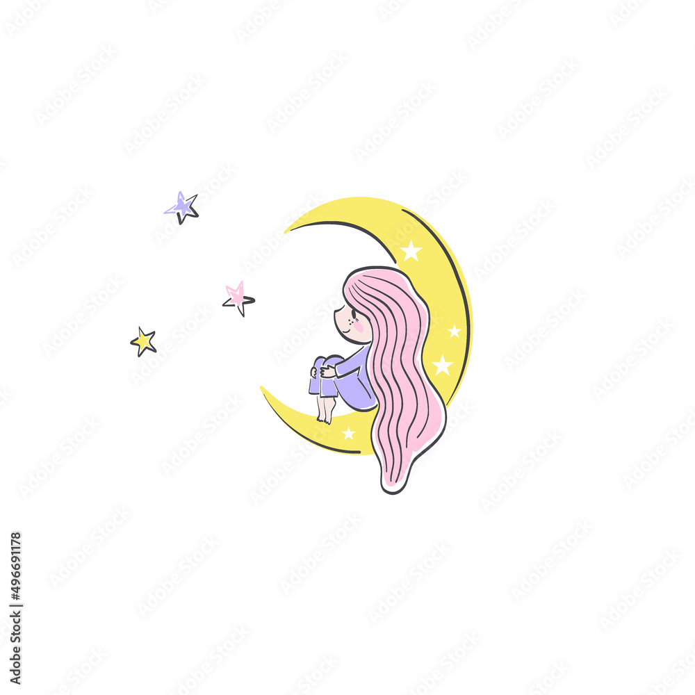 Cute baby girl in sleepwear sitting on crescent in a starry night sky and dreaming vector illustration isolated on white. Sweet dreams childish felt pen hand drawn fantasy print for pyjamas party. Cute baby girl in sleepwear sitting on crescent in a starry night sky and dreaming vector illustration isolated on white. Sweet dreams childish felt pen hand drawn fantasy print for pyjamas party.