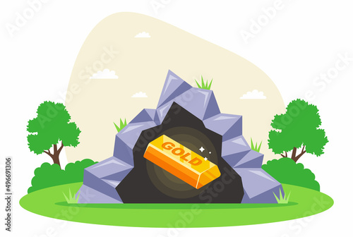 gold nugget in a dark cave. flat vector illustration