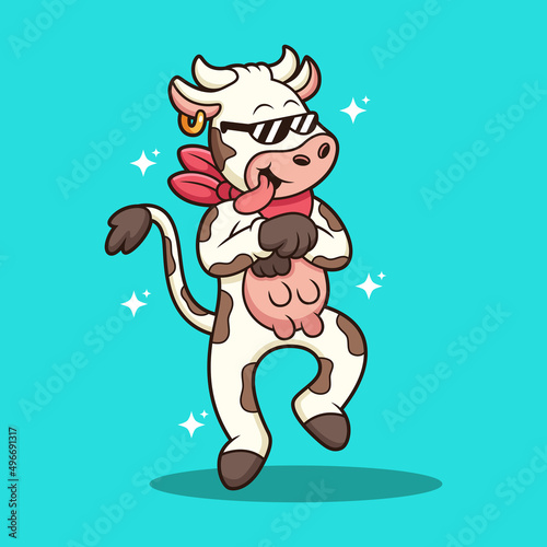 Cute cow with funny dancing cartoon. Animal vector icon illustration, isolated on premium vector