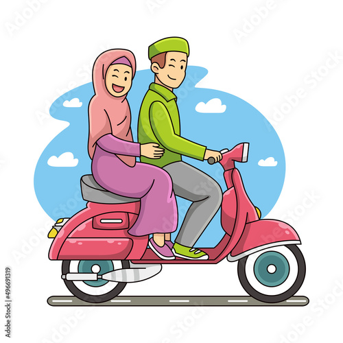 Muslim couple riding a scooter cartoon. Couple vector icon illustration, isolated on premium vector