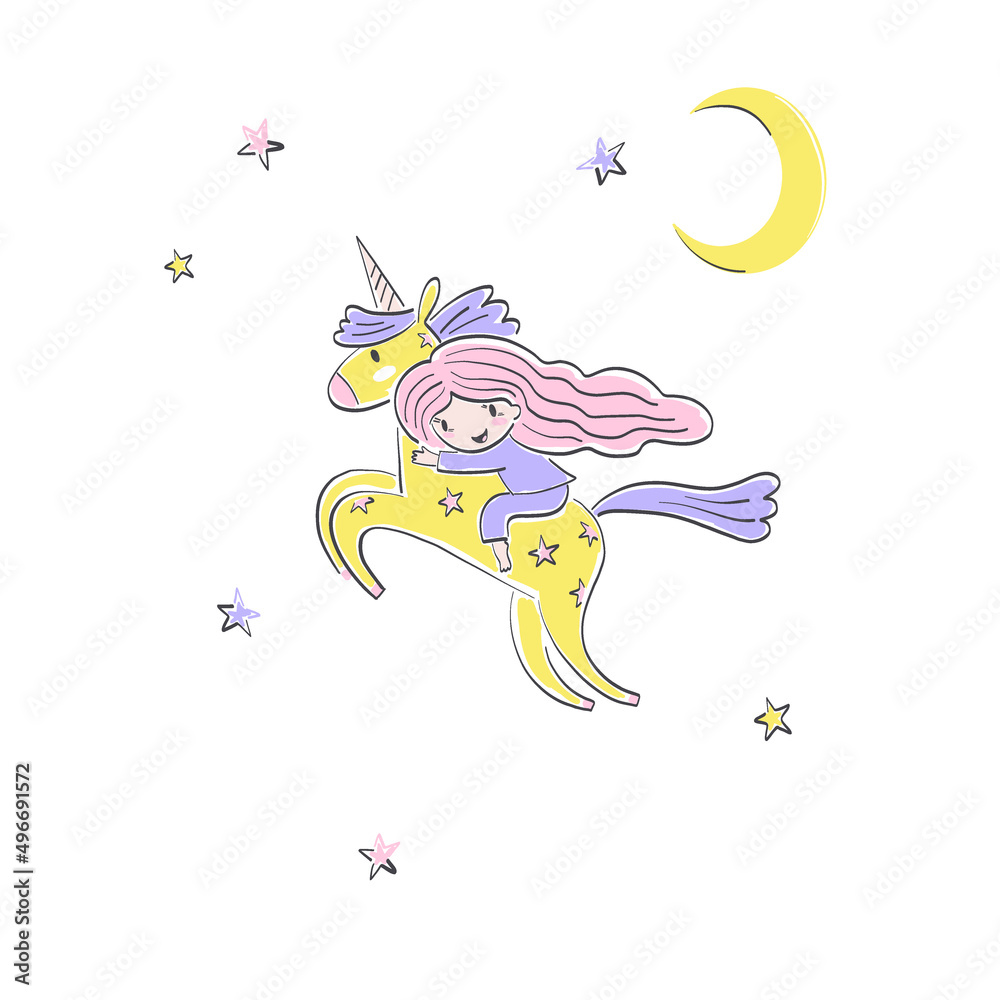 Cute little girl riding a starry unicorn in a night sky vector ...