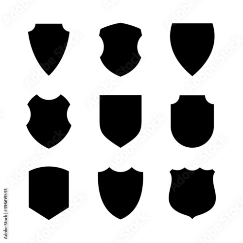 Collection of icons of shields of various shapes. Military or heraldic shield (armorial shield). Isolated raster illustration on a white background.