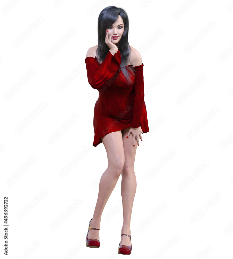 Naklejka premium Beautiful brunette woman red short dress.