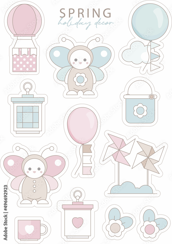Decorations. Spring Stickers with cute butterfly. Perfect for scrapbooking, greeting card, party invitation, poster, tag, stickers Decorations. Spring Stickers with cute butterfly. Perfect for scrapbooking, greeting card, party invitation, poster, tag, stickers