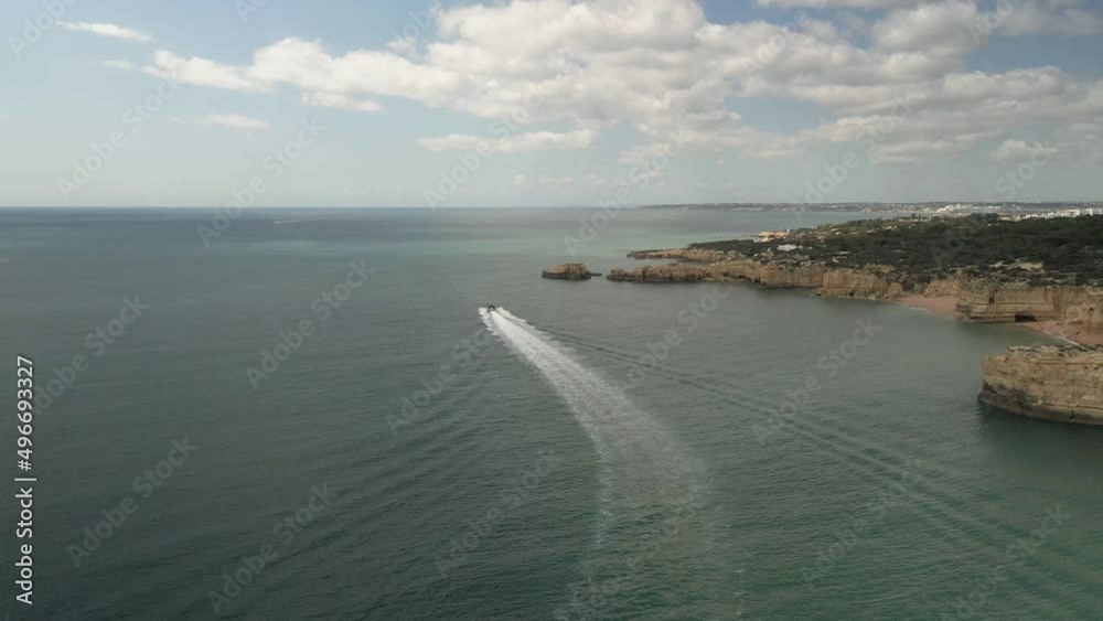 Aerial Algarve Seascape and Coastline Cliffs, a Worldwide Popular Beach and Nature Destination Region, in Portugal.
