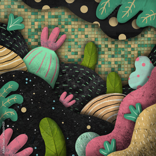 Aquatic and colorful background. Abstract, vegetal and abyssal landscape.