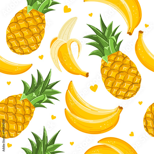 Beautiful hand drawn seamless pattern with bananas, pineapples. Seamless vector floral pattern, summer background for fashion and all fabric on white background. Texture for kitchen, wallpaper