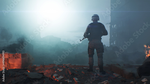 Photography 3D render of a soldier in ammunition with a machine, gun standing on the ruins b
