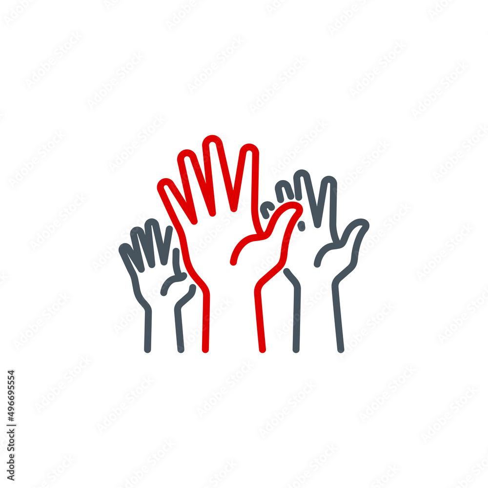Obraz premium group of human hands raised up vote single line icon isolated on white. Perfect outline symbol voting by show palm. volunteers community unanimously raised up hands design element with editable Stroke