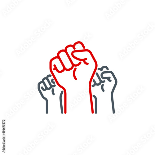 raised up fist in protest no war single line icon isolated on white. Perfect outline symbol raised up fist in revolution riot. freedom power design element with editable Stroke.People rights line icon