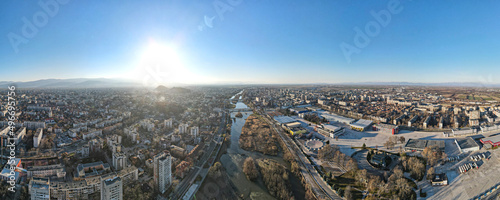 Aerial panorama of Maritsa river and panorama to City of Plovdiv, Bulgaria