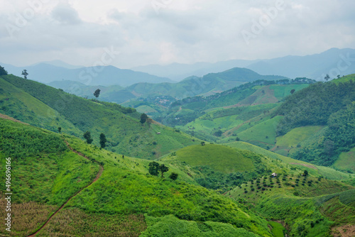 View of forests and mountains and clouds in the sky at northern Thailand.