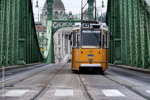 Historical tram no.47 crossing Budapest freedom bridge