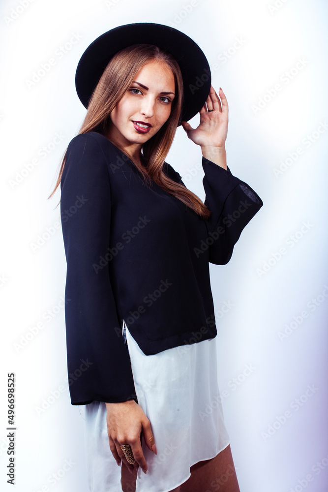young pretty stylish blond elegant girl in hat posing emotional isolated on white background, lifestyle people concept young pretty stylish blond elegant girl in hat posing emotional isolated on white background, lifestyle people concept