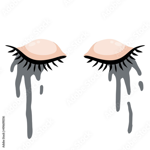 Two Crying eye. Smeared mascara. Black ink cosmetics on face. Closed eyelid with eyelashes. Stress and frustration. Flat cartoon