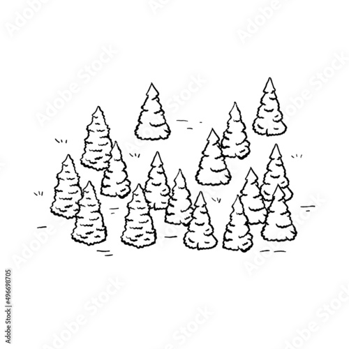 Christmas trees in forest. Natural landscape for retro maps in engraving style. Hand drawn outline cartoon illustration