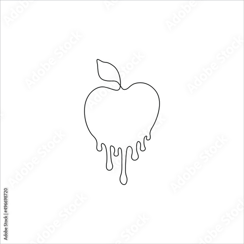 Dripping apple, continuous line drawing, tattoo, print for clothes and logo design, silhouette single line on a white background, isolated vector illustration.