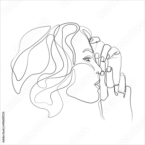 Woman abstract portrait, continuous line drawing, face of the girl is a single line on a white background, Vector illustration. Tattoo, print and logo design for a spa or beauty salon. Line art.