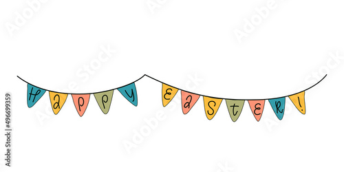 Happy Easter text with flags garland vector illustration. Holiday decoration. Design element for cards, poster, banner.