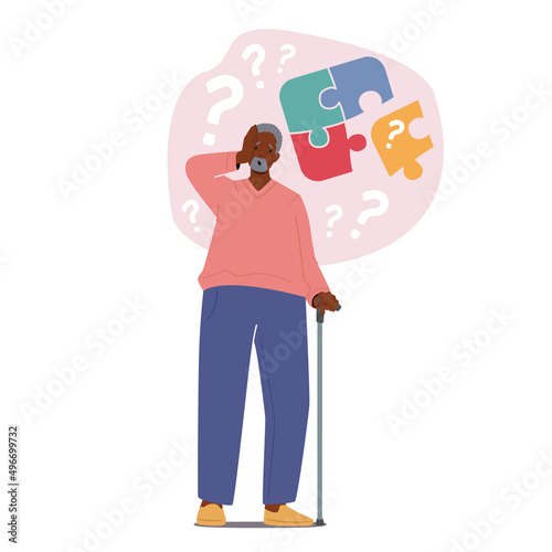 Senility Concept. Alzheimer Illness Disease Patient, Senior Mature Man Character Suffering From Brain Disease