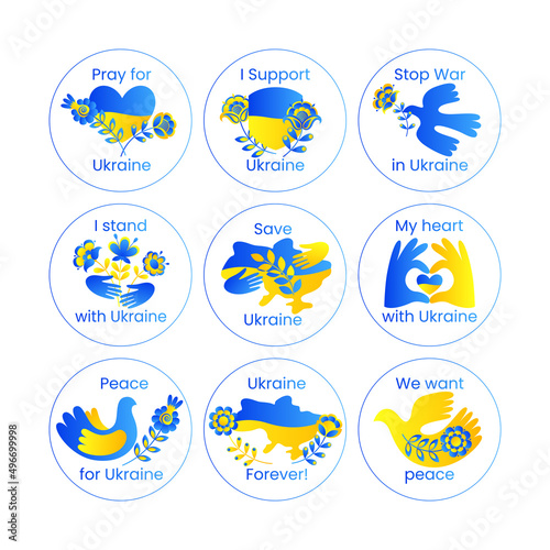 Icons on the theme of the war in Ukraine. Set of round vector icons with inscriptions about war and peace in the yellow and blue colors of the Ukrainian flag on a white background..