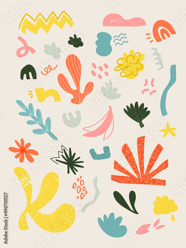 Collection of trendy doodles and abstract symbols of nature and plants on isolated background. Large collection, unusual organic forms in art-matisse style by hand
