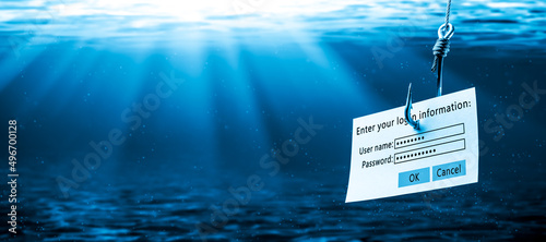 Login Information Attached To Large Hook Under Water With Sunlight - Phishing Concept photo