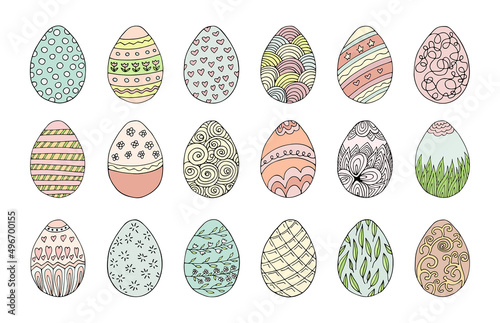 Set hand drawn color easter eggs with decoration. Doodle vector illustration