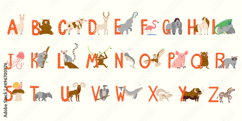Cute Animals alphabet for kids education. Childish vector font for kids ...