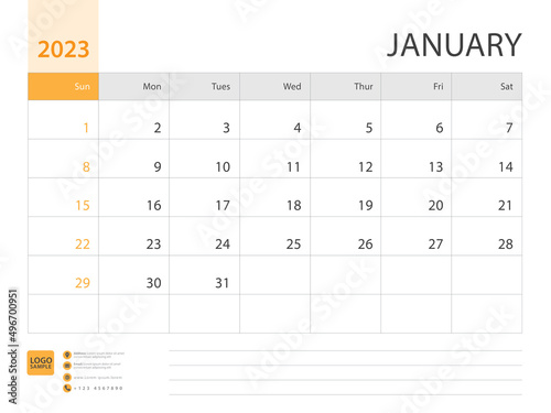 Monthly calendar template for 2023 year, January design, Planner, Desk calendar 2023 design, Week Starts on Sunday, Wall calendar 2023 design in a minimalist style, printing media, vector eps10