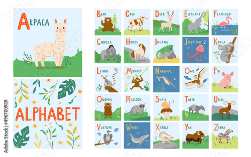 Cute Animals alphabet for kids education from A to Z. Childish vector font for kids ABC book with hand drawn animal characters