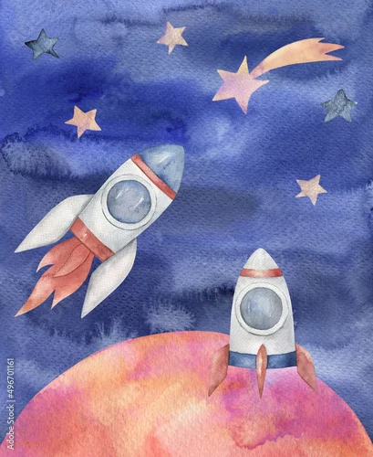 Obraz Watercolor space poster. Hand drawn illustration with mars, spaceships, stars