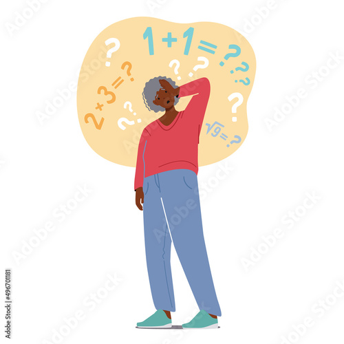 Forgetful Pensioner, Old Grandmother Character Trying to Remember Simple Mathematical Example. Senior Woman Alzheimer