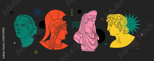 Classic statues in trendy modern style. Colorful heads of antique sculptures. Classical sculptures of mythological characters. Ancient Greek gods for design of clothes, posters, hopping bags, shops.