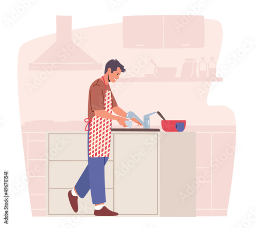 Man Cleaning Kitchenware, Household Activity, Domestic Chores and Hygiene Duties, Dishwashing Sanitary Process
