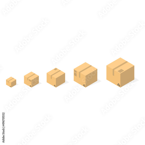 Realistic cardboard box mockup set from side, front and top view open and closed isolated on white background. Parcel packaging template - vector illustration.