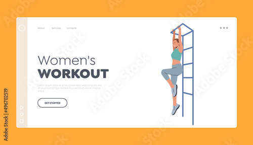 Woman Training and Workout Landing Page Template. Female Exercising Outdoors Pull Herself Up on the Horizontal Bar