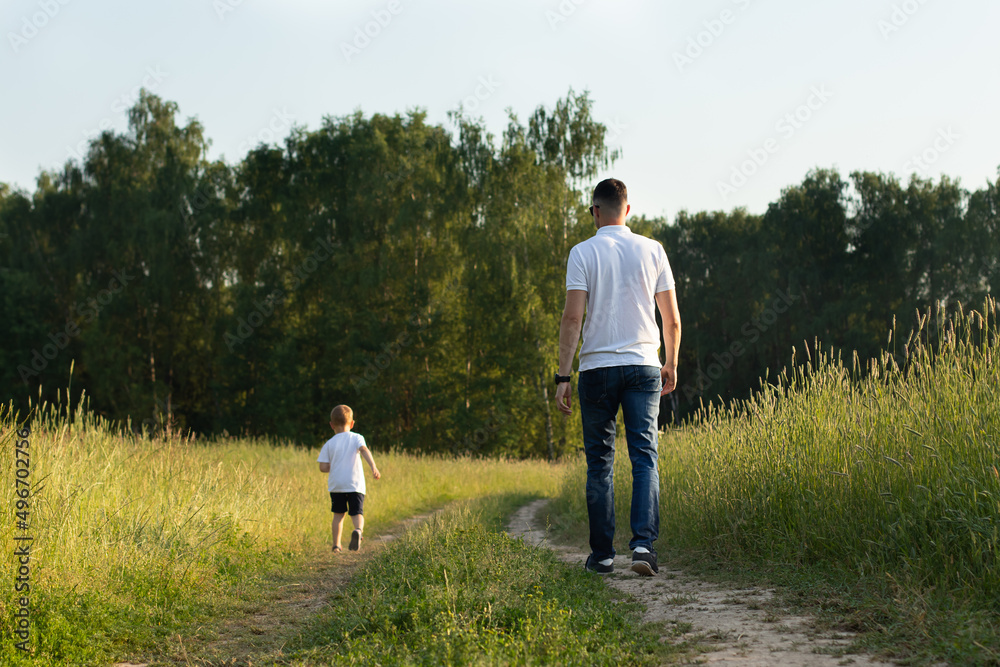 Father and son are walking along the path in the field, from the back. Happy family concept