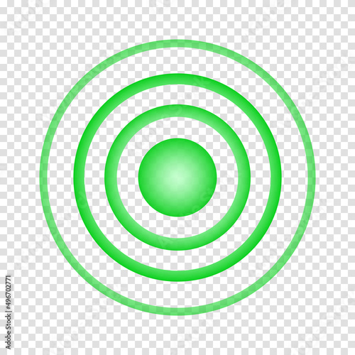 Concentric green sign. Healing, target, aim, painkiller symbol. Round localization icon. Radar, sound or sonar wave isolated on transparent background. Vector illustration