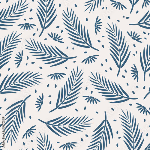 Floral seamless pattern with blue twigs and daisies. 