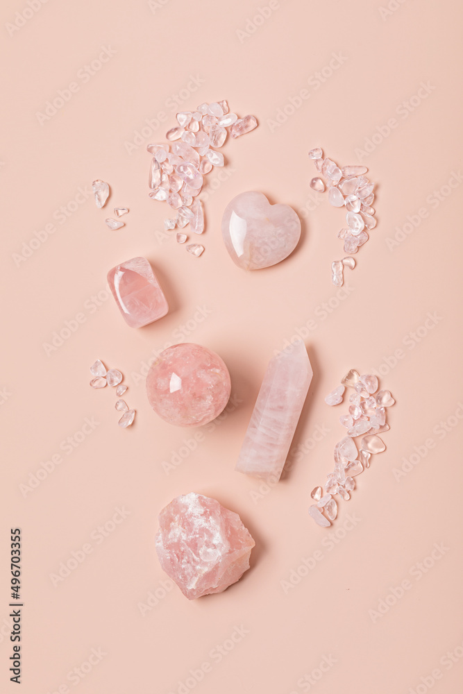Healing reiki chakra crystals therapy. Alternative rituals with pink quartz for wellbeing, meditation, relaxation, mental health, spiritual practices. Energetical power concept - obrazy, fototapety, plakaty 